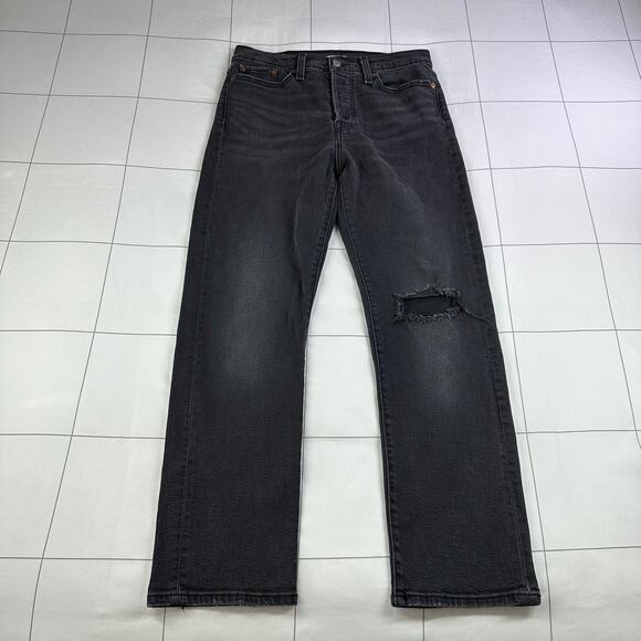 Levi's Jeans Womens 29 Washed Black Wedgie Straight Leg Button Fly Ripped Knee - Picture 1 of 14